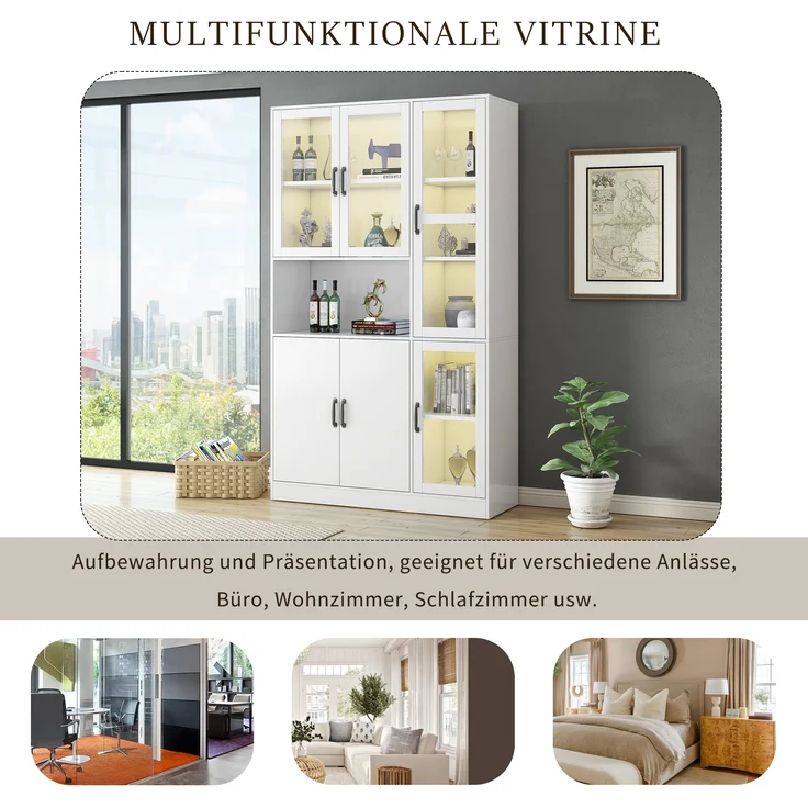 Bücherregal-Vitrine, mit LED-Licht, 4 Acryl- & 2 Holztüren, 9 Fächer, 120x40x200 cm, Weiß – Bild 4