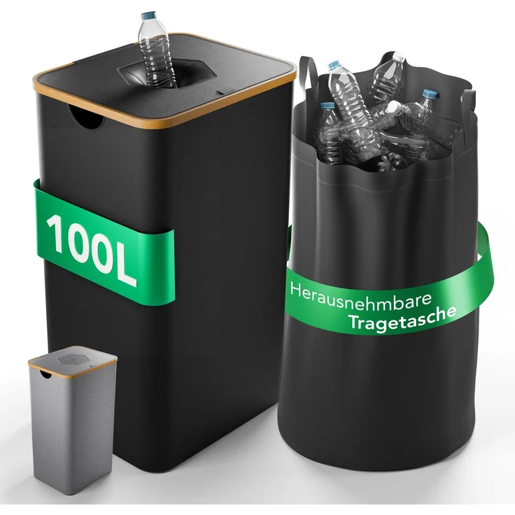 NewHabitat Pfandflaschen Sammelbehälter 70 × 40 × 33 cm – 100 L Recyclingbehälter mit Bambusdeckel & waschbarer Tragetasche für 30–40 Flaschen, Grau – Bild 8