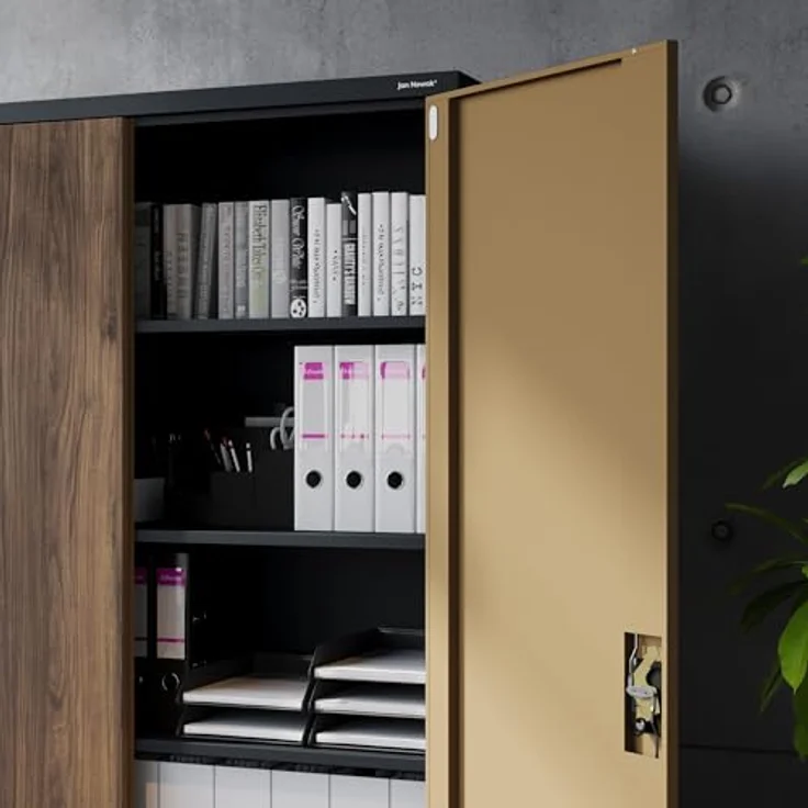 Jan Nowak Aktenschrank Metall 185 x 115 x 40 cm Büroschrank abschließbar Stahlschrank mit 4 verstellbaren Einlegeböden Dokumentenschrank Antrazit Nussbaum – Bild 8