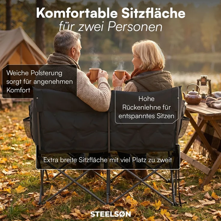 STEELSØN 'Hoggar' Campingbank für 2 Personen, schwarz, XXL Klappstuhl, bis 320 kg, gepolsterte Campingbank mit 2 Seitentaschen – Bild 3