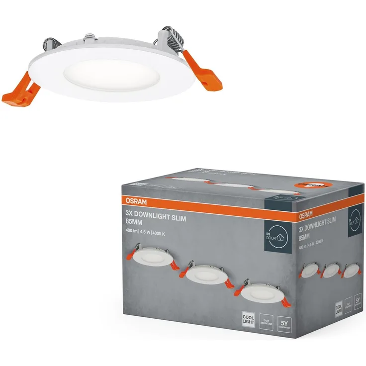 OSRAM Essential LED Einbaustrahler Slim 85mm 4,5W Weiß, 3er Set Downlight 240lm kaltweiß 4000K, Deckenspot IP20