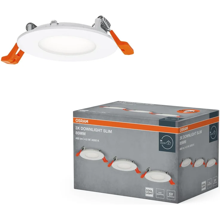 OSRAM Essential LED Einbaustrahler Slim 85mm 4,5W Weiß, 3er Set Downlight 240lm kaltweiß 4000K, Deckenspot IP20