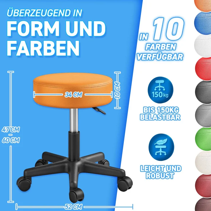TRESKO® Rollhocker mit Lehne 150 kg | Arbeitshocker höhenverstellbar 46-58 cm | Drehhocker mit Rollen | Bürostuhl Hocker Drehstuhl Kosmetikhocker – Bild 7
