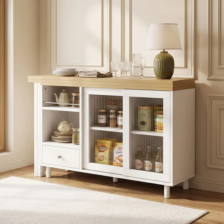 U-life Ausziehbarer, Moderner beweglicher Esstisch, Glastürpaneel, 360 drehbar, Produktfunktion, MDF, Weiß – Bild 2