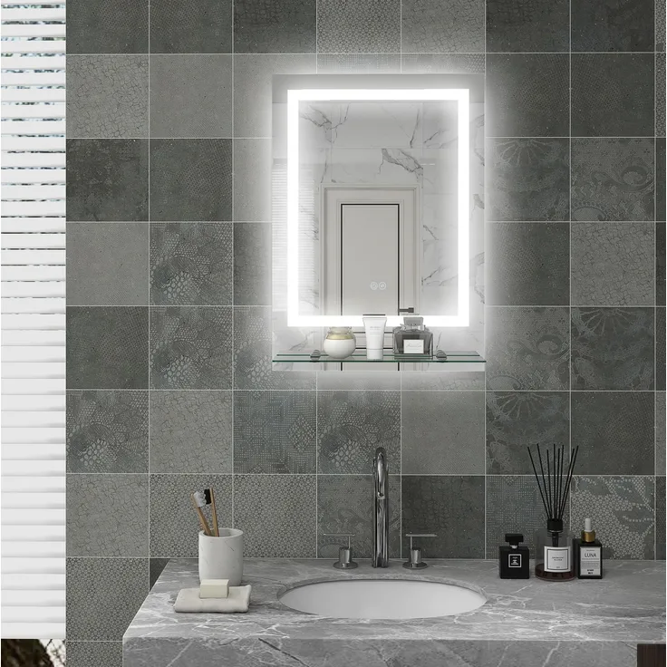 Badspiegel 70x50x2,7 cm mit LED-Beleuchtung, Antibeschlag-Funktion und Ablage