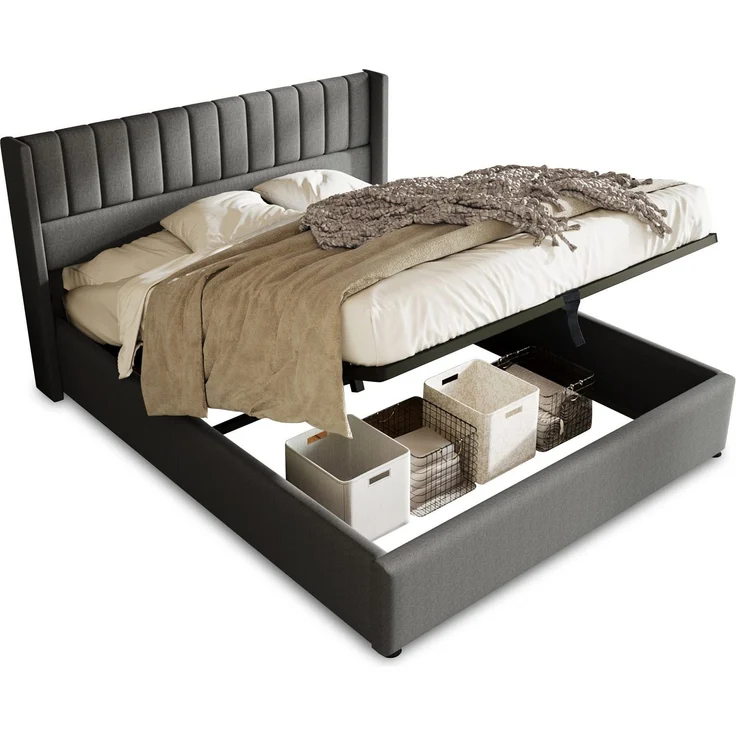 Polsterbett mit Lattenrost und Stauraum, 140x200 cm, gepolsterter Kopfteil, Doppelbett, Leinen – Bild 5