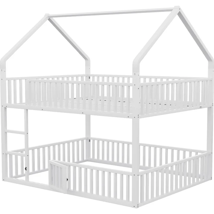 Kinder-Etagenbett 140*200, Metall-Doppelbett, Kinder-Familienbett, Etagenbett mit Treppe, Loft-Design, Unteres Bett mit kleiner Tür zum Öffnen und Schließen, Weiß – Bild 8