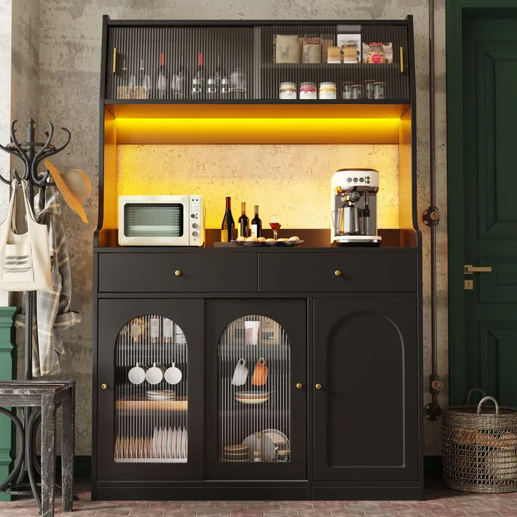 EINHOM Küchenschrank, Hochschrank, Vitrinenschrank, Buffetschrank mit Verstellbaren Ablagen, Esszimmerschrank mit 2 Schubladen, Sideboard mit LED-Beleuchtung, Variable Lichtfarben, Schwarz