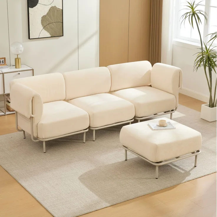 Modulares Ecksofa mit Hocker, Chenille, flexible L-Form, 251x155x78 cm, Beige