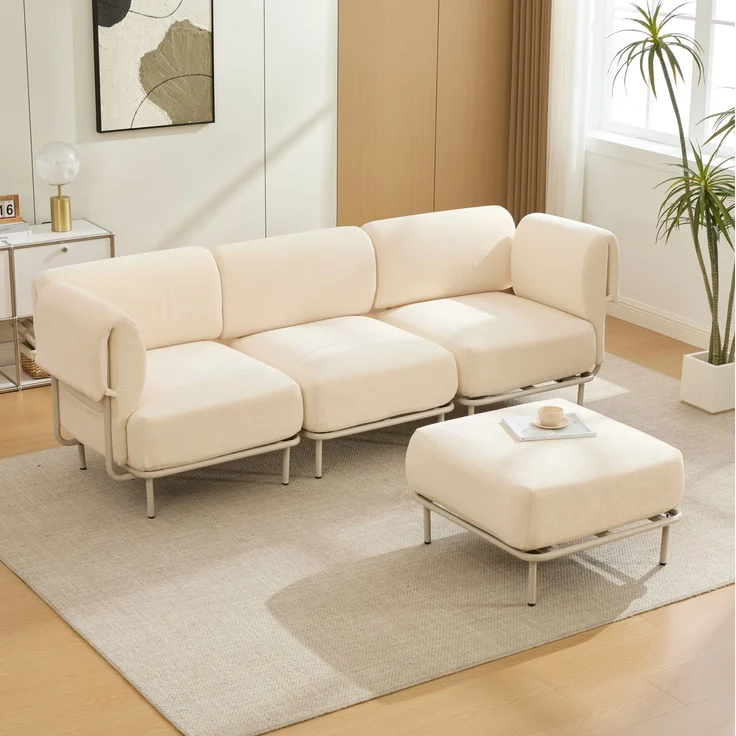 Modulares Ecksofa mit Hocker, Chenille, flexible L-Form, 251x155x78 cm, Beige – Bild 1
