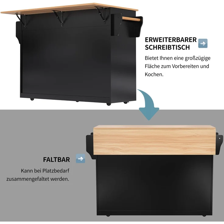 Servierwagen mit klappbarer Tischplatte, 120x46(70)x91 cm, Schwarz, mit Rollen und austauschbaren Holzbeinen, ideal für Küche und Esszimmer – Bild 7