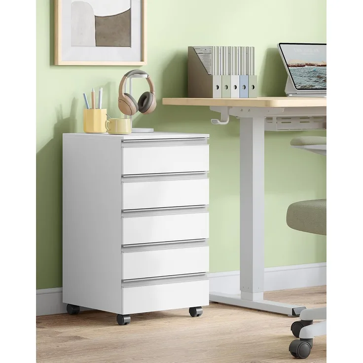 Rollcontainer, mobiler Aktenschrank, Schubladenschrank mit 5 Schubladen, Lagerschrank für Büro und Homeoffice, Weiß