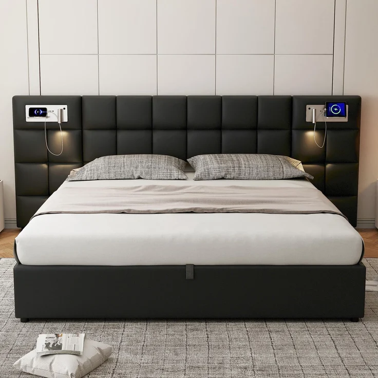 Polsterbett 180×200 cm aus Kunstleder mit USB-Anschluss und kabelloser Ladefunktion, schwarz – Bild 3