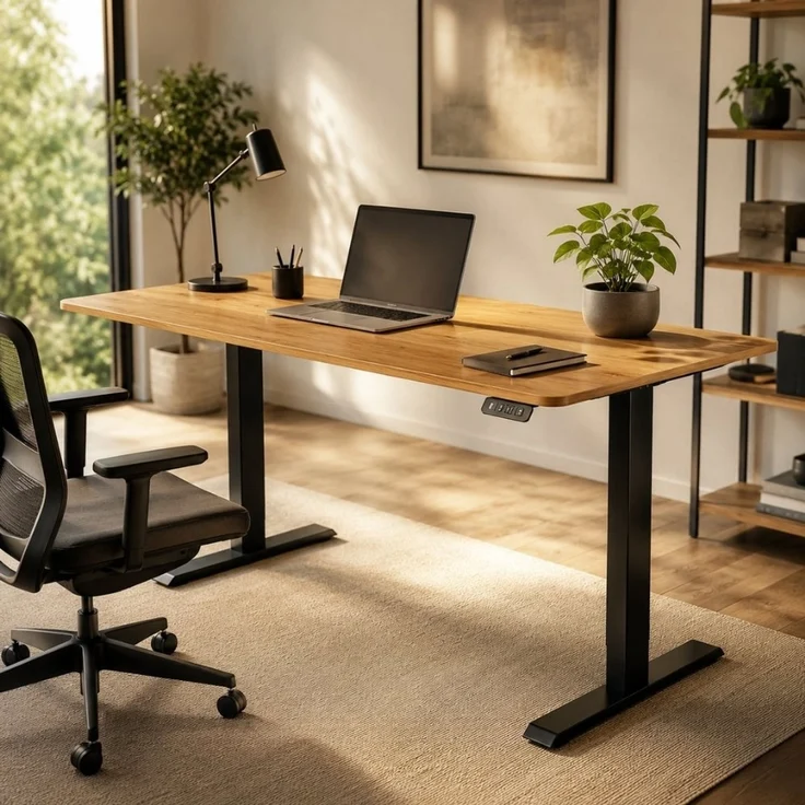 Höhenverstellbarer Schreibtisch KANTOR 140cm elektrisch Eiche Metallgestell – Bild 3