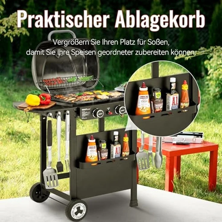 Royal Gourmet 2-Brenner Gasgrill und Griddle Combo, 2 IN 1 Grillwagen mit abklappbare Seitenablagen, Ablagekorb, 5 kW Campinggrill für Garten Schwarz – Bild 6