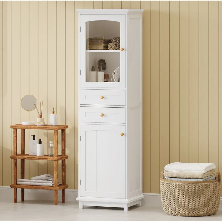 Badezimmerschrank 45 x 36 x 160 cm in Weiß mit Glastür, Schubladen und verstellbarem Einlegeboden – Bild 3