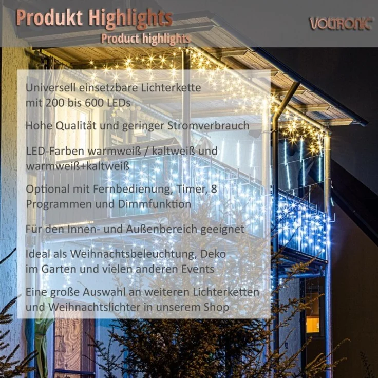 VOLTRONIC® Eisregen Lichterkette, innen und außen, IP44, Größen- und Farbwahl, 200 LEDs, warmweiß / kaltweiß – Bild 6