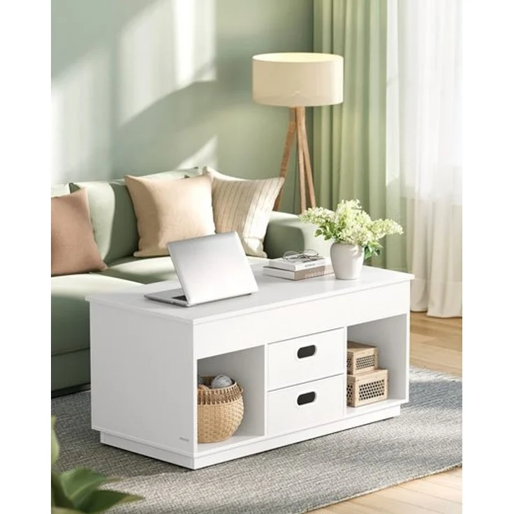 Vasagle Couchtisch, höhenverstellbarer Wohnzimmertisch, 2 Schubladen und versteckte Fächer, Kaffeetisch, offene Fächer, für Wohnzimmer, Homeoffice, schneeweiß – Bild 2