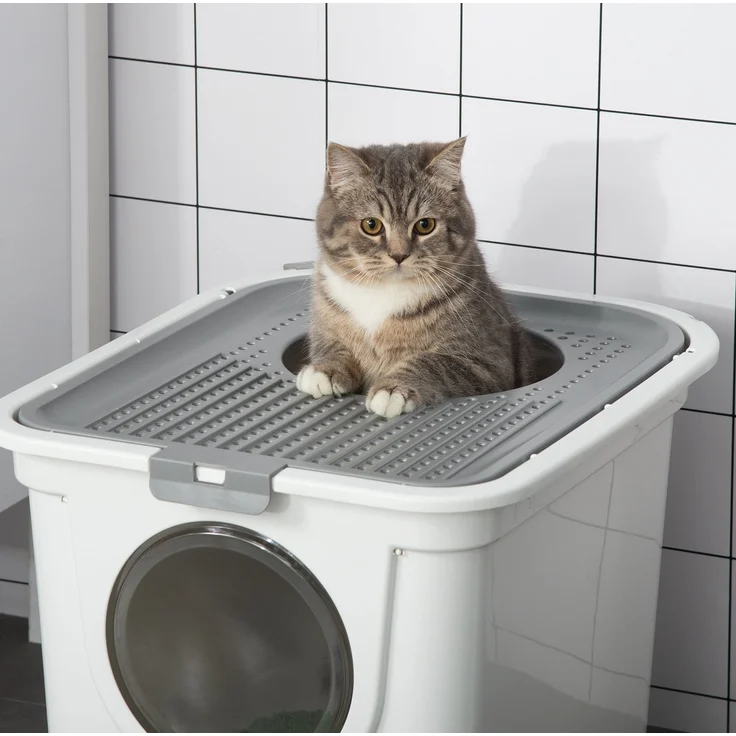 Katzentoilette mit Deckel, Siebplatte & Schaufel, 55x44x39 cm, Weiß – Bild 6
