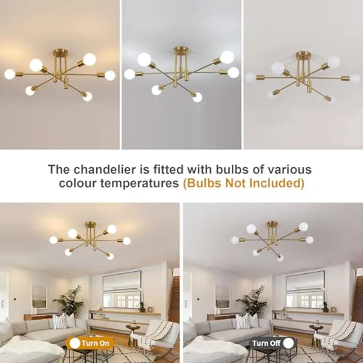 Goeco Vintage Deckenleuchte 6 Flammig E27 Fassung Max. 60 W Gold Kronleuchter Retro Sputnik Deckenlampe für Schlafzimmer Wohnzimmer Küche, Glühbirnen Nicht Inbegriffen – Bild 4