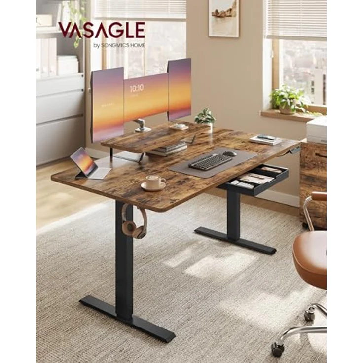 VASAGLE Höhenverstellbarer Schreibtisch, 140x70 cm, flexibel montierbarer Monitorständer, Schublade, USB-C-Anschluss, Erinnerung bei langem Sitzen, für Büro, vintagebraun LSD154KD01 – Bild 3