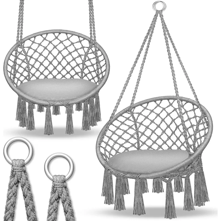 tillvex Hängesessel, grau, wetterfest mit Kissen, zum Aufhängen für Indoor & Outdoor, bis 150 kg belastbar