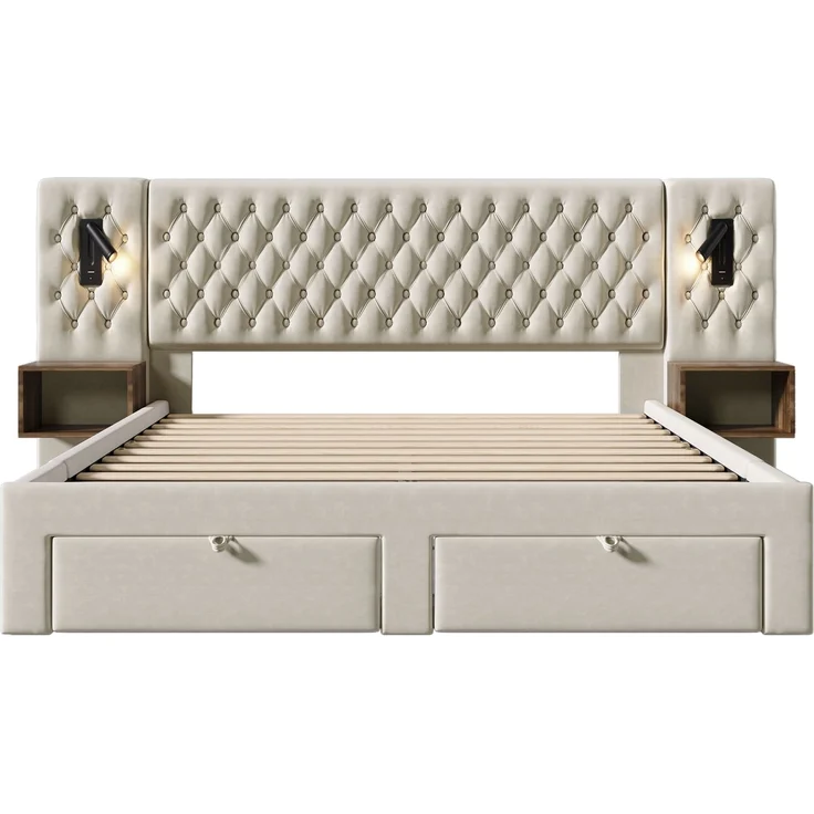 EINHOM Bettanlage Schlafzimmer Komplett-Set, Polsterbett Doppelbett 160 × 200 cm mit 2 Nachttischen und 4 Schubladen, Kopfteil mit Leselicht und USB-Ladefunktion, Beige, Samt (Ohne Matratze) – Bild 3