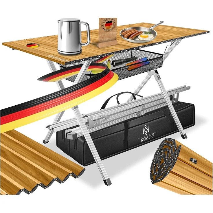 KESSER® Campingtisch faltbar Klapptisch mit Aluminiumrahmen Aufrollbare Tischplatte Falttisch klappbar inkl. Tragetasche mit Trageband & Netztasche, Holz-Optik 145 cm, Braun / Silber – Bild 1