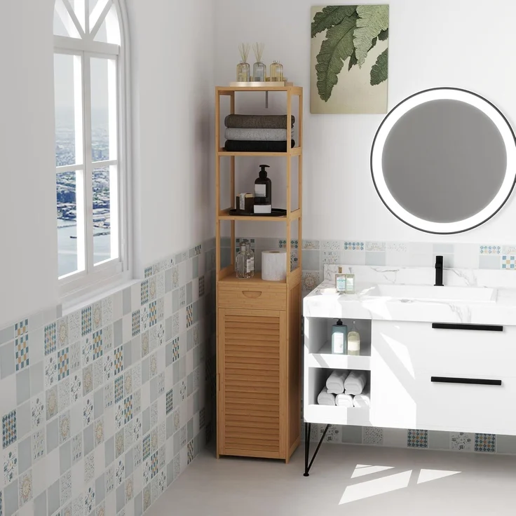 Kleankin Badkommode aus Bambus, mit Schublade, drei Ablagen, offenes Fach (Badezimmerschrank, 1 St, Badezimmermöbel), für Badezimmer, 32 x 30 x 163 cm Naturholz – Bild 8
