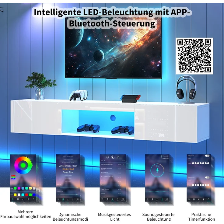 Hängeschrank für Wohnzimmer mit LED-Beleuchtung, Bluetooth-App steuerbar, Musikmodus, Stauraum mit offenes Fach und Türen – Bild 6