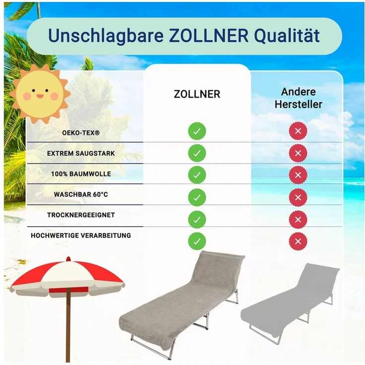 ZOLLNER Strandtuch, Mikrofaser (1-St), 75x215 cm, 100% Baumwolle, Liegenbezug für Sonnenliege – Bild 3