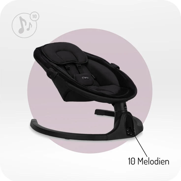 MoMi KENANI ONYX Babywippe für Babys bis 9 kg, mit LED-Display, Fernbedienung & Bluetooth für Smartphone, Batterie- oder Stromanschluss, mit 5-Punkt-Sicherheitsgurt, Bügel und Spielzeug – Bild 7