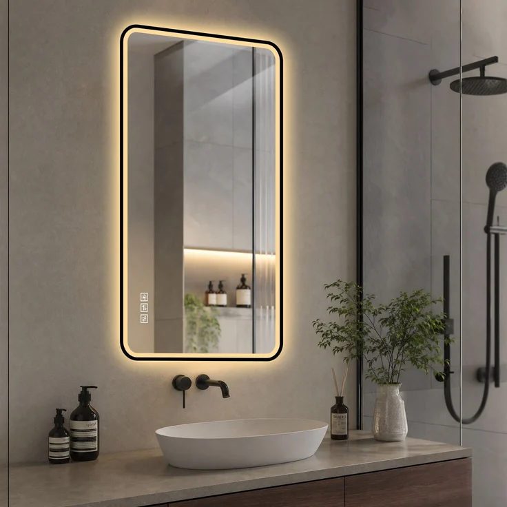 60×100cm LED Badezimmerspiegel mit schwarzem Aluminiumrahmen, Front- & Hintergrundbeleuchtung, Anti-Beschlag, 3 Lichtfarben, dimmbar, Memory-Funktion, horizontal & vertikal montierbar, IP44 wasserdich--Schwarz--100x60x4cm--YOUDENOVA – Bild 4