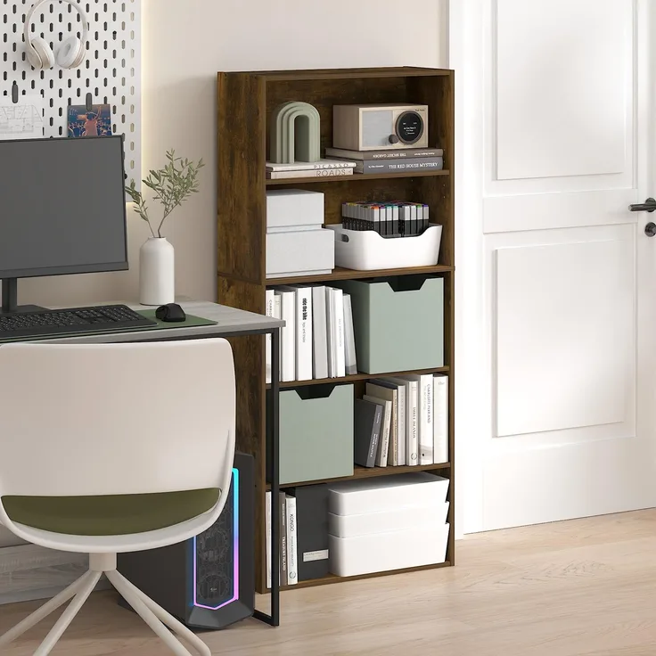 Furinno Jaya 5-stöckiges Bücherregal, 52 Zoll hohes Bücherregal mit verstellbarem Regal, 24,1(T) x 59,9(B) x 133,6(H) cm, für Home Office, Schlafzimmer, Wohnzimmer, Amber-Kiefer
