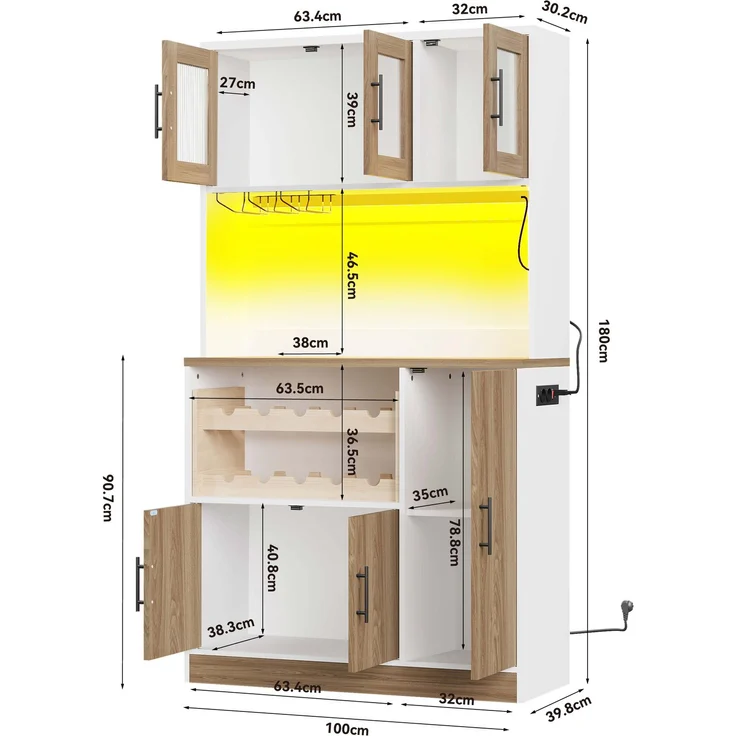 ZUBALIYA Buffetschrank 100 x 40 x 180 cm – Riffelglasfronten, RGB-LED mit Fernbedienung, 2 Steckdosen und USB, Weinregal für 10 Flaschen, MDF, Weiß, Sonoma-Eiche-Optik – Bild 8