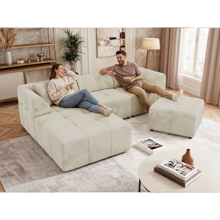 Modernes Wohnzimmer Sofa mit Hocker VORITA 4M L Freistehendes Ecksofa, L-Couch, Gepolstertes Sofa, Wellenfedern, Wohnlandschaft - Beige Velvet - Links – Bild 3
