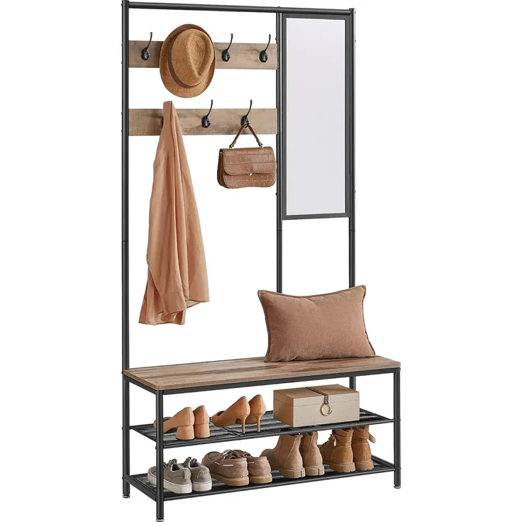 VASAGLE Kleiderständer, Garderobe, Garderobenständer mit Haken, Spiegel, Sitzbank, 35 x 98 x 180 cm, für Eingangsbereich, Schlafzimmer, Wohnzimmer, Industrie-Stil, Kamelbraun-tintenschwarz HSR415K01