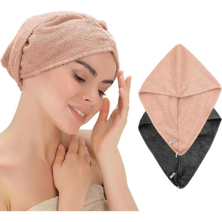 2er Set Haarturban mit Knopf aus 100% Baumwolle Haartrockentuch Anthrazit, Rosa – Bild 5