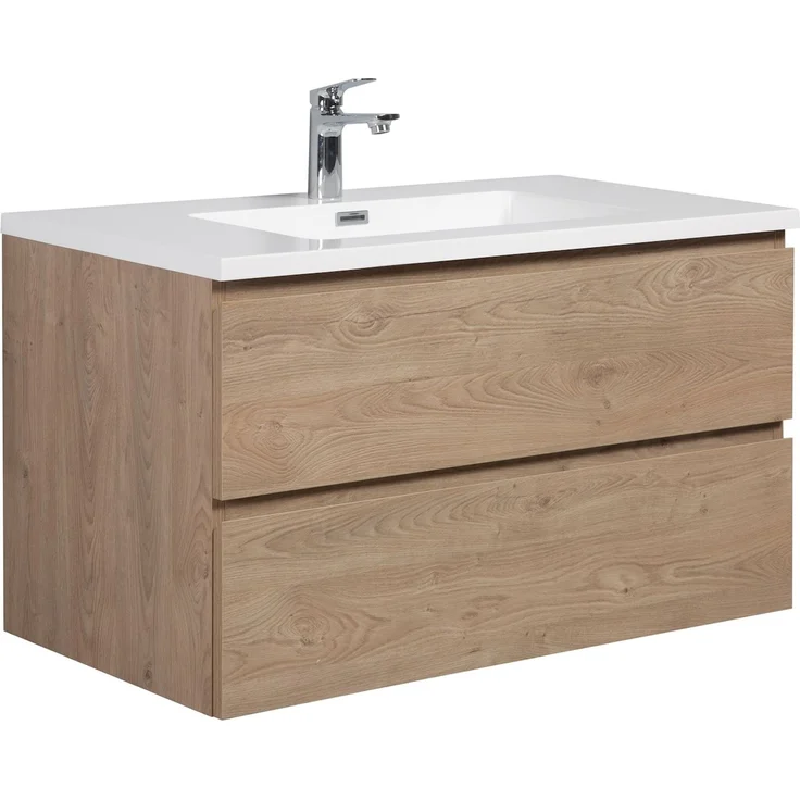 Badplaats Badmöbel Set mit Waschbecken und Unterschrank Angela 90 x 48 cm Kastanien Eiche - Waschbeckenunterschrank mit Soft-Close und Waschbecken, Vorgemontiert – Bild 1