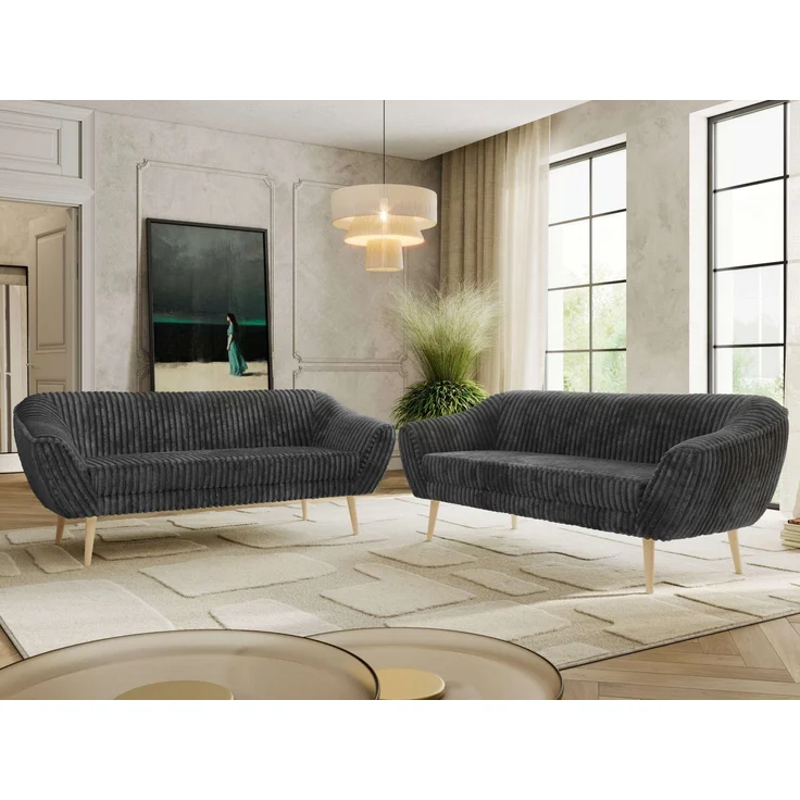 Wohnzimmerset Möbelset PIRS 3-3, Armlehnen, Wellenfederung, Buche Füße, Dreisitzer Sofa, Polstermöbel Set - Hellgrau Velvet – Bild 1