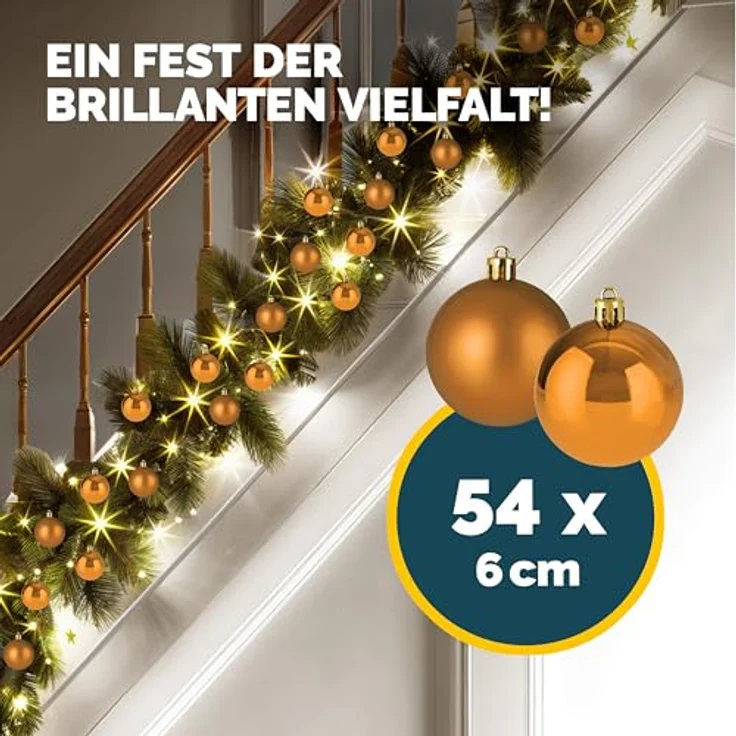 Deuba® Weihnachtskugeln 54tlg, Ø 6cm, bruchsicherer Kunststoff, matt und glänzend, Christbaumschmuck in braun, inkl. Aufhänger – Bild 3