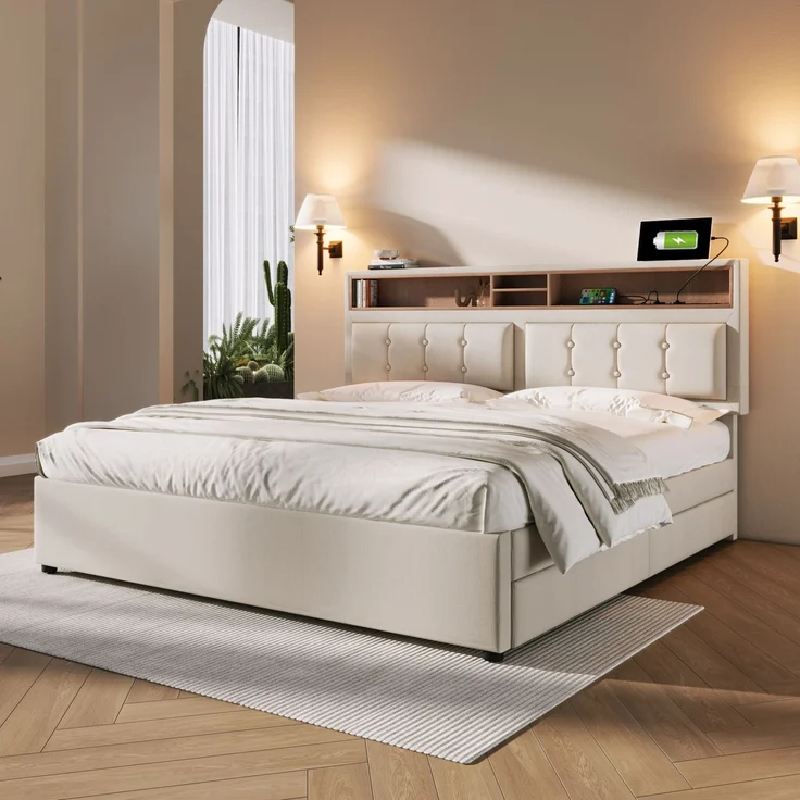 Polsterbett 140×200 cm mit verstellbarem Kopfteil,USB & Steckdosen,4 Schubladen,Leinenstoff beige,inklusive Matratze – Bild 2