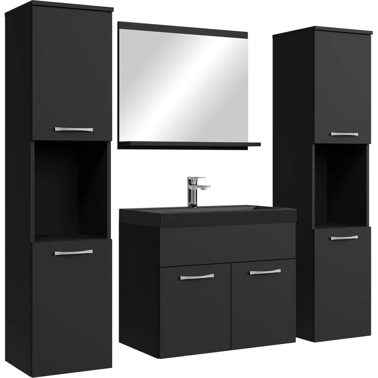 Badplaats Badmöbel Komplettset Montreal XL 60x35 cm Schwarz Matt - Badezimmermöbel mit Schwarze Waschbecken, Spiegel und 2 Badezimmerschränke – Bild 1
