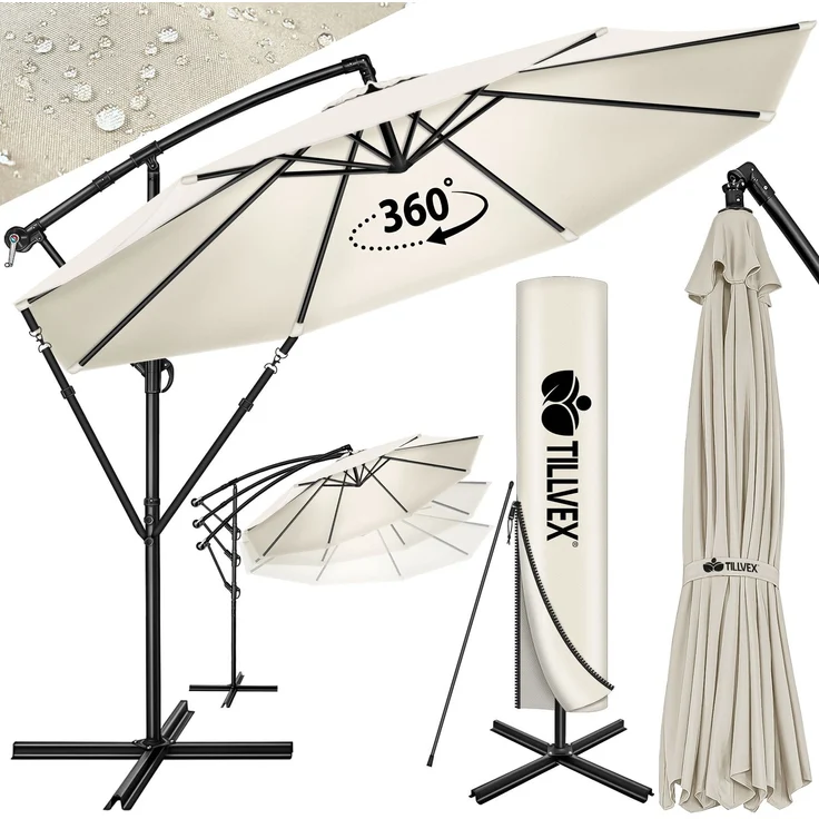 tillvex Sonnenschirm Beige Ø 350 cm Ampelschirm Gartenschirm Marktschirm Kurbel Balkon Alu Neigbar Beige - Ø350cm – Bild 1