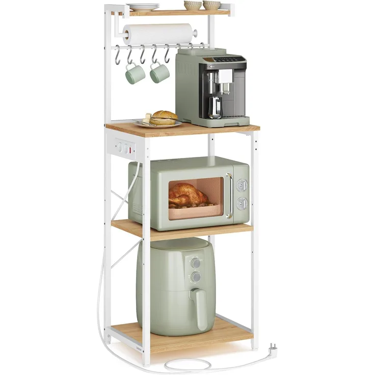 VASAGLE Küchenregal mit Steckdosen, Standregal, Kaffeebar mit 4 Ebenen und 8 S-Haken, Mikrowellen-Regal, verstellbare Ablage, 40 x 45 x 140 cm, goldeichenfarben-wolkenweiß KKS013YA02