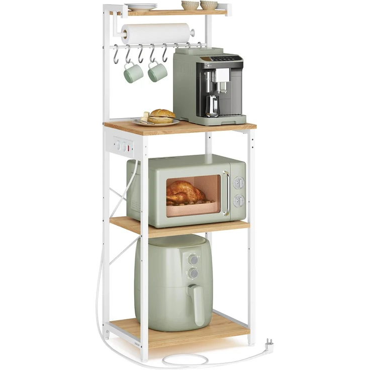 VASAGLE Küchenregal mit Steckdosen, Standregal, Kaffeebar mit 4 Ebenen und 8 S-Haken, Mikrowellen-Regal, verstellbare Ablage, 40 x 45 x 140 cm, goldeichenfarben-wolkenweiß KKS013YA02