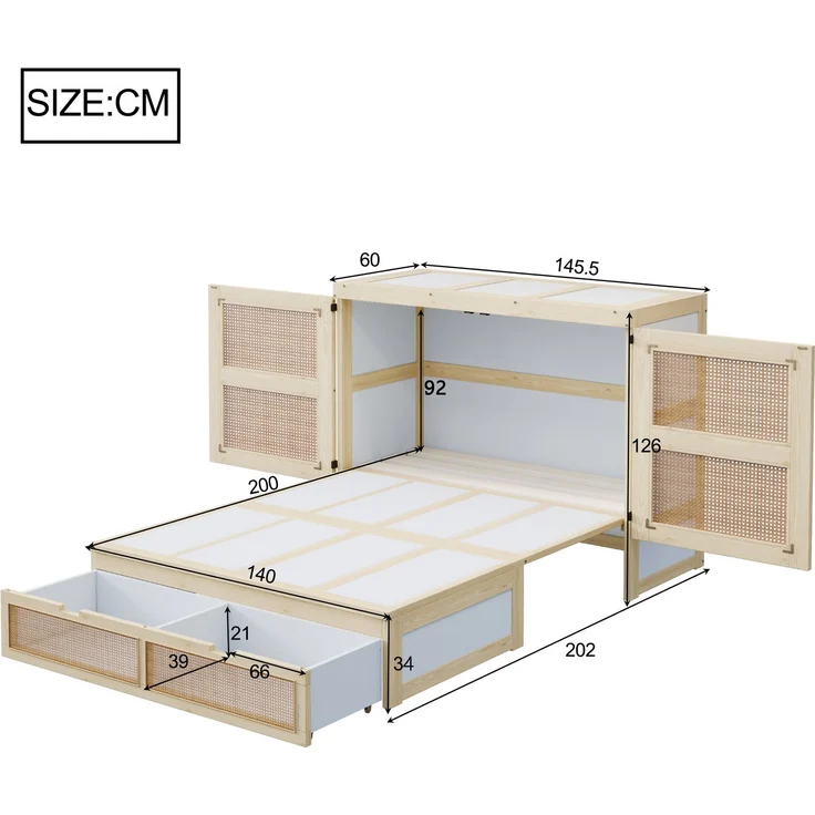 Bett 140x200 cm Schrankklappbett aus Holz in Natur, mit Lattenrost, Schubladen und Rattan-Design, ohne Matratze – Bild 9