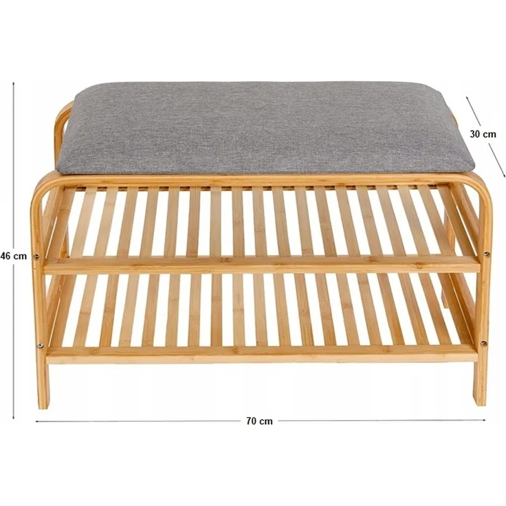 AD. CON Bambus Schuhregal, Schuhregal aus Bambus mit Sitzbank, Schuhbank mit Sitzkissen, Sitzbank 70x30x46 cm Grau – Bild 4