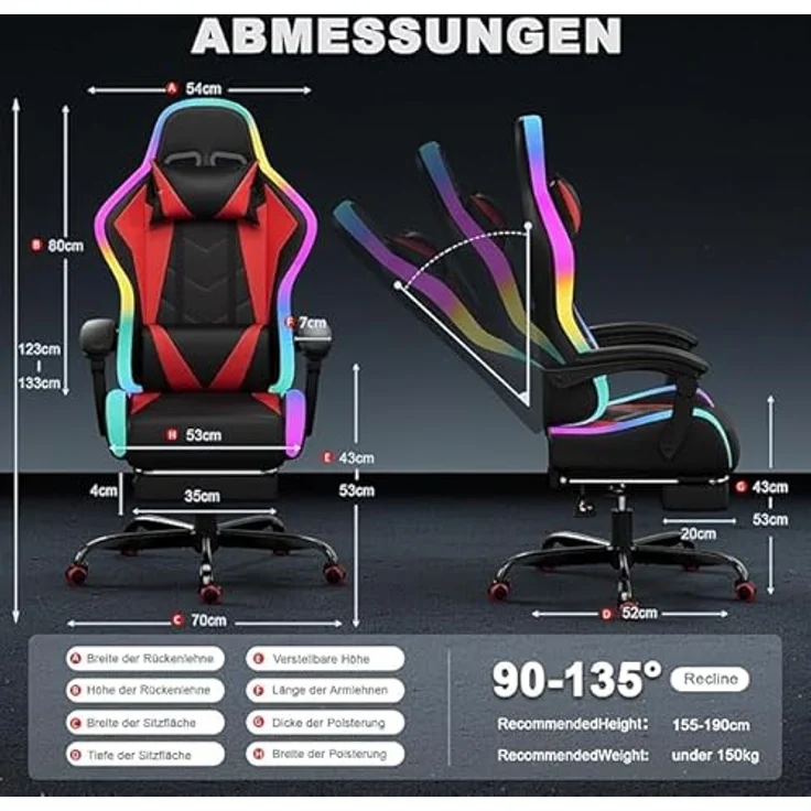 JUMMICO Gaming Stuhl mit led, Cool Racing Gamer Stuhl, Ergonomischer Bürostuhl mit Massagefunktion, Verstellbare Rückenlehne 90-135°, mit Teleskop Fußstütze, Gamingstuhl 150 kg belastbarkeit, Rot – Bild 4
