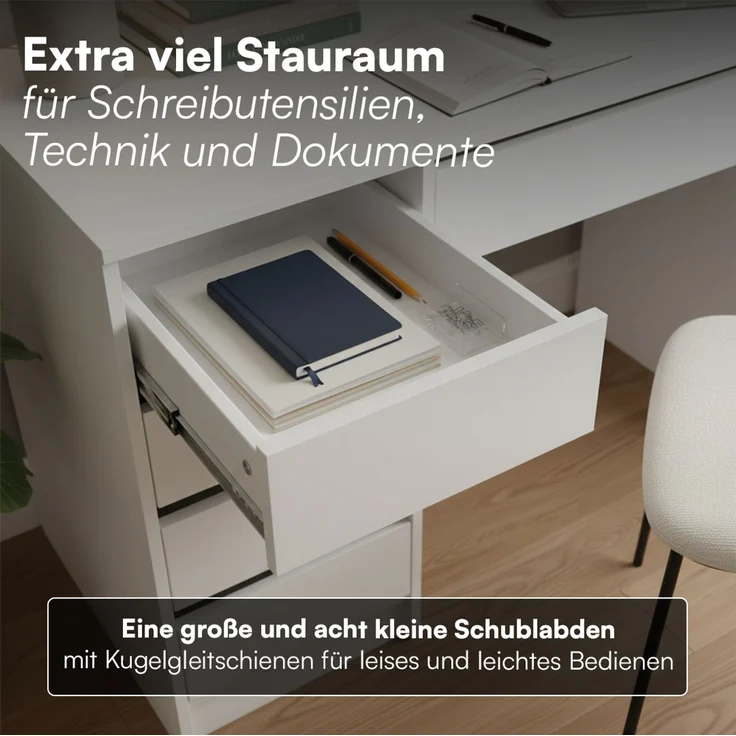 Bellamio 'Nore' Schreibtisch mit 9 Schubladen, weiß, 75x53x145 cm, Computertisch mit extra viel Stauraum – Bild 4